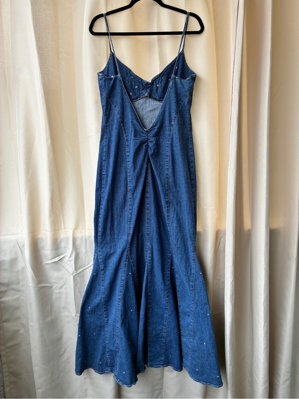 Vintage Y2K Stretch Denim Mermaid Hem Rhinestone Embellished Maxi Dress - Picture 5 of 12